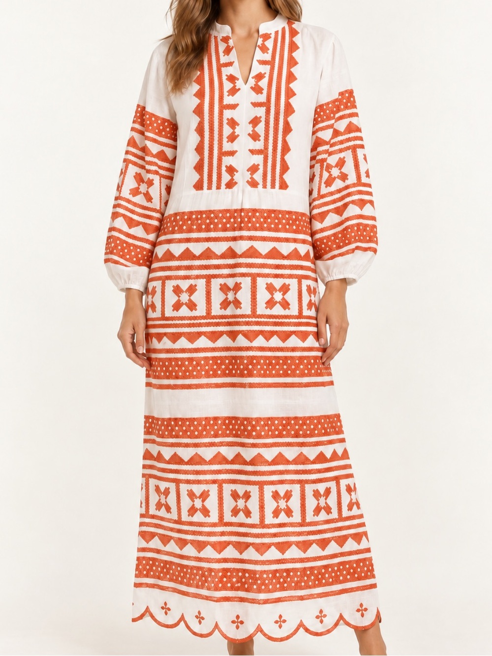 Julia Amory Orange & White Embroidered Scalloped Hem Maxi Caftan Dress XL NWT